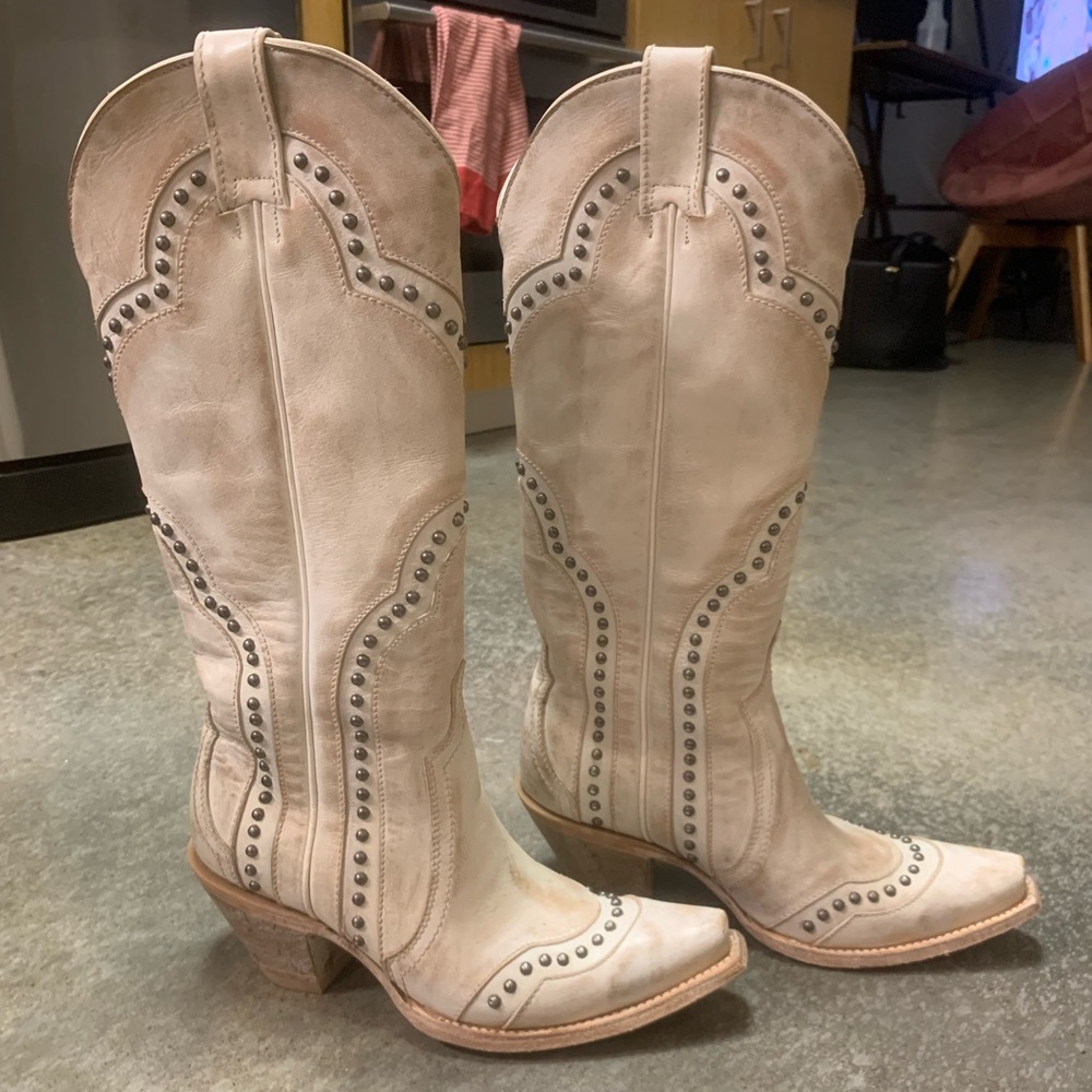 Idyllwind Cream Heeled Boots with Studded Design